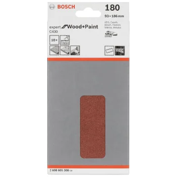 Bosch C430 Wood and Paint Sanding Sheets 93x186 mm, Grit 180, 8 Holes, 10 pcs