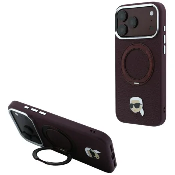 Karl Lagerfeld Ring Stand 360 Karl Head Pin MagSafe Case for iPhone 18 Pro Max / 17 Pro Max - Burgundy