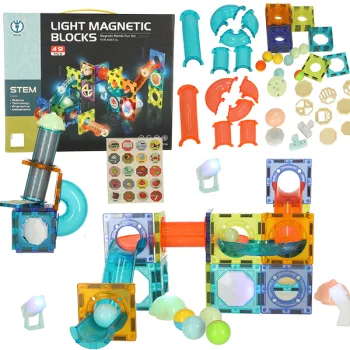Magnetic Building Blocks with Marble Run and Lights, 49 Pieces