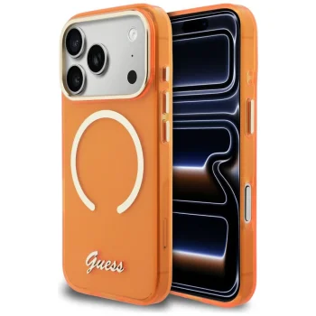 Guess IML Script Metal MagSafe Case for iPhone 17 Pro, Orange