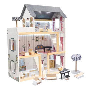 Wooden Dollhouse with Furniture and LED Lighting, 78 cm, White