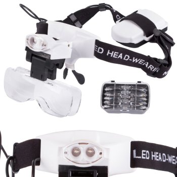 Headband Magnifier with 2 LED Lights, 5 Lenses for Repair & Crafts, White-Black
