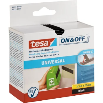 Tesa On & Off Self-Adhesive Hook & Loop Tape 55225 2.5m x 20mm, Black