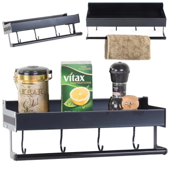 Hanging Wall Shelf with Hooks and Railing, 30 cm, Black
