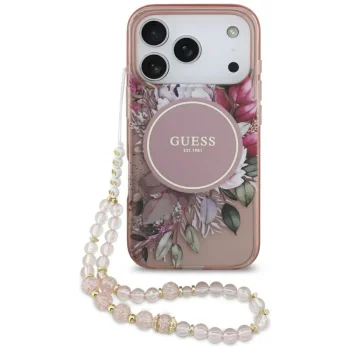 Guess IML Flowers Pearl Strap MagSafe Phone Case Cover iPhone 17 Pro - Pink