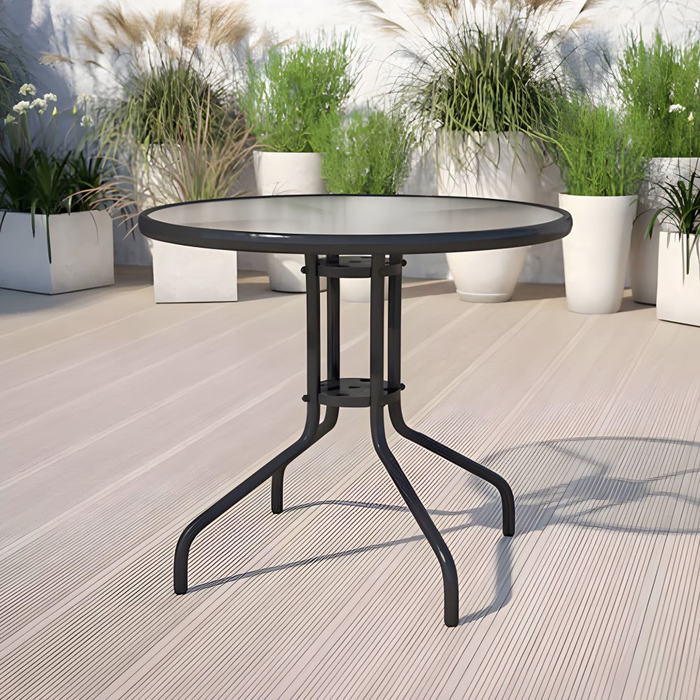 Round Garden Patio Table 80 cm with Tempered Glass Top and Parasol Hole MultiGarden (1)