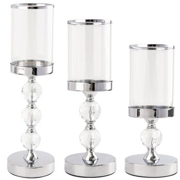 Set of 3 Glamour Candle Holders with Crystal Accents, Metal and Glass, Chrome