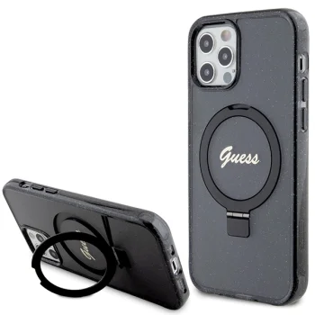 Guess Ring Stand Script Glitter MagSafe dėklas iPhone 12 / 12 Pro, juodas
