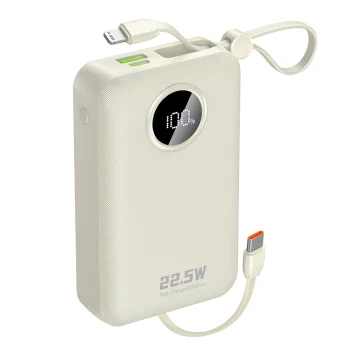 Dudao K14+ Power Bank 20000mAh, 22.5W with Built-in USB-C / Lightning Cables, White