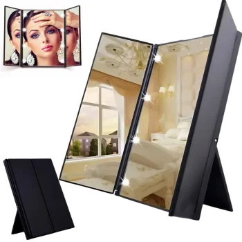 Foldable Cosmetic Makeup Mirror with LED Illumination and Stand, Black