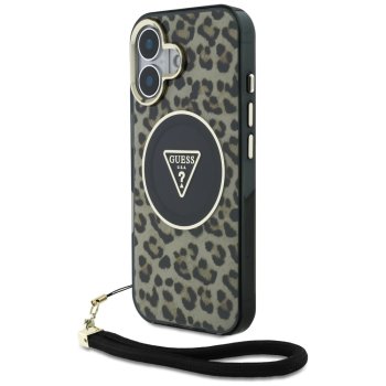 Guess HC IML Leopard Triangle Cord Strap MagSafe Case for iPhone 16, Brown
