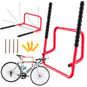 Folding Double Bike Wall Mount with Hooks, Black/Red