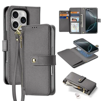 Dux Ducis Lawa Leather Case with Magnetic Wallet for iPhone 16 Pro Max, Gray