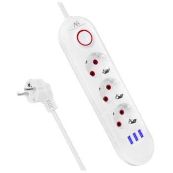 Maclean MCE394 W Power Strip, 3 Outlets + 3xUSB, 2500W, 1.5m, White