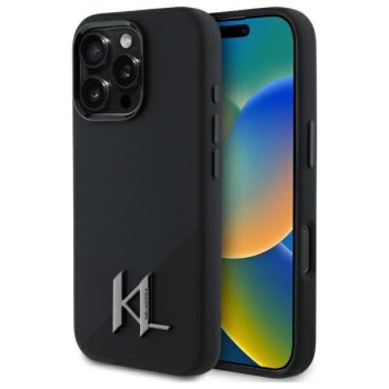 Apple iPhone 16 Pro 6.3" Karl Lagerfeld Silicone Shadow Metal Initial MagSafe Case Cover, Black
