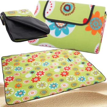 Waterproof Picnic and Beach Blanket, Green with Flowers, 150x200 cm