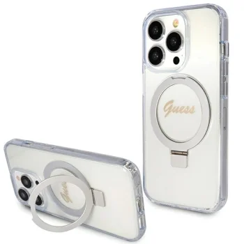 Guess Ring Stand Script Glitter MagSafe dėklas iPhone 15 Pro, skaidrus