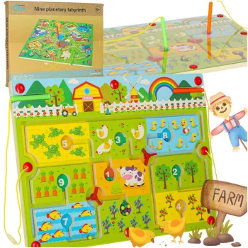 Magnetic Maze Board Game Farm, Wooden Travel Toy for Kids, 2 Players