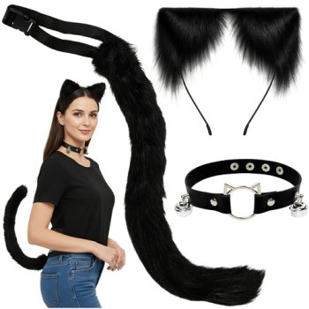 Ruhhy Cat Ears and Tail Cosplay Costume Set 3pcs with Choker, black 26587