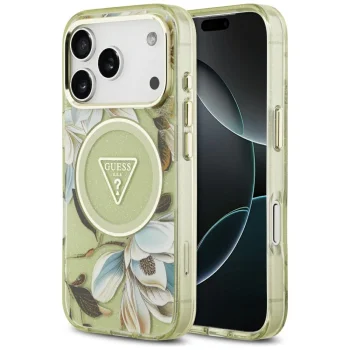 Guess IML Glitter Flowers Triangle MagSafe Phone Case Cover iPhone 17 Pro Max - Green