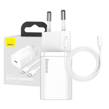 Baseus Super Si Quick Charger 1C 20W with USB-C to Lightning Cable 1m, White