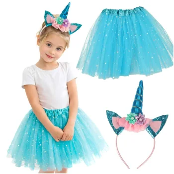 Unicorn Carnival Costume for Kids: Skirt and Headband, Blue (3-6 Years)