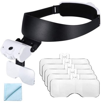 Headband Magnifier with 2 LED Lights & 5 Lenses, Black & White