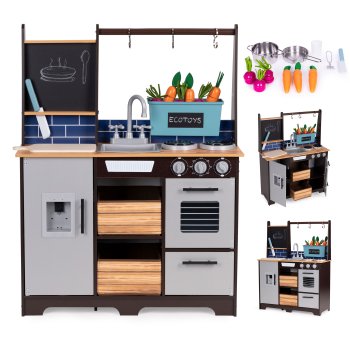 Large wooden play kitchen for children with vegetable stand and accessories ECOTOYS