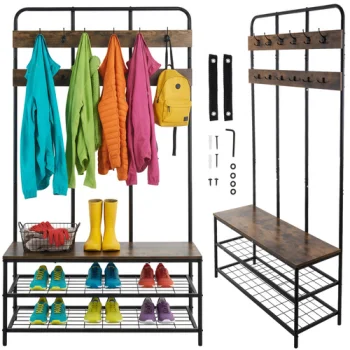 Ruhhy 27036 Hallway Coat Rack with Shoe Bench, Black