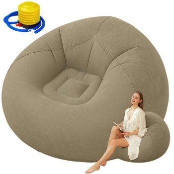 Inflatable Lounge Chair with Velour Finish, Soft Portable Pouf for Relaxing, Brown