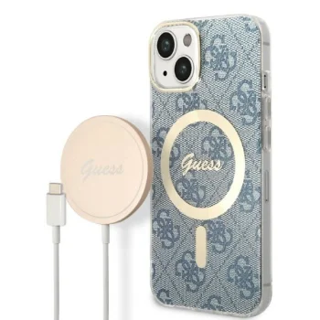 Apple iPhone 14 Plus 6.7" Guess 4G Print MagSafe Case Cover (GUBPP14MH4EACSB) + Charger, Blue