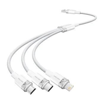 USB-A to 3-in-1 Cable Vention CTPWG, USB-C / Lightning / Micro-B, 1.5m, White