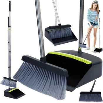 Sweeping brush and dustpan set with long adjustable handle