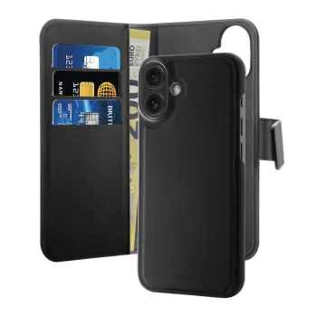 Puro Wallet Detachable MagSafe 2-in-1 PU Leather Wallet Case for iPhone 16, Black