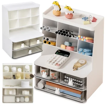 Desk Organizer with Drawers and Shelves for Cosmetics and Stationery, White