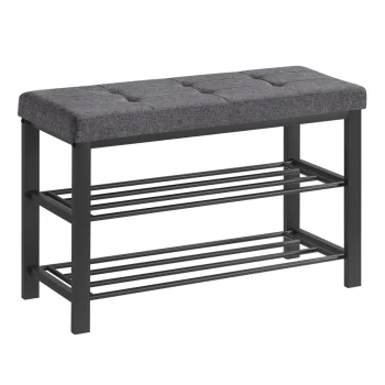Industrial Shoe Bench with Padded Seat and 2 Shelves for Entryway