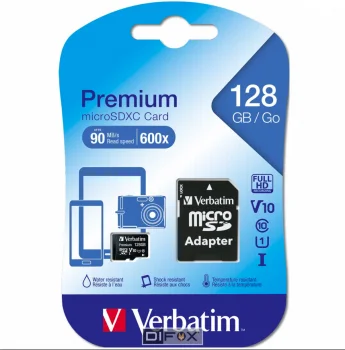 Verbatim microSDXC 128GB Class 10 UHS-I Memory Card with Adapter, 44085