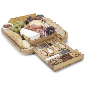 Bamboo Cheese Board with Pull-Out Drawer & Stainless Steel Knives, brown