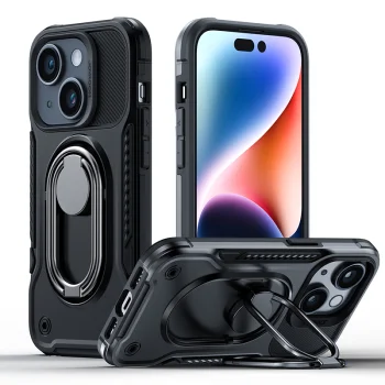 Smūgiams atsparus dėklas Joyroom Dual Hinge skirtas iPhone 14 Plus su žiedu-stovu, juodas