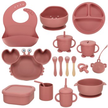Children’s Silicone Tableware Set with Crab Plate, 19 pieces, Dark pink