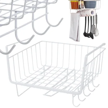 Under-Shelf Hanging Metal Basket with 5 Hooks and Paper Towel Holder, White