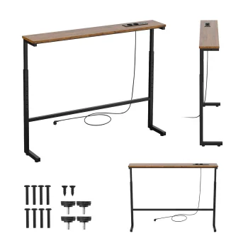 Maclean MC-140 B Console Table with Power Strip, Height Adjustable 62-83 cm, Black / Rustic Top