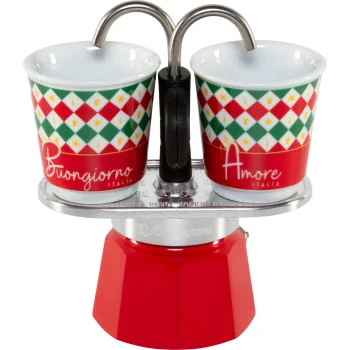 Bialetti Mini Express TRICOLORE DAMIER Espresso Maker Set with 2 Cups, 90 ml