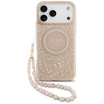 Guess IML Flowers Electro Pearl Strap MagSafe Case for iPhone 17 Pro Max, Pink