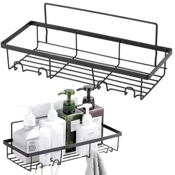 Self-adhesive Kitchen and Bathroom Shelf + 4 Hooks, Black