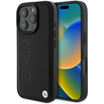 BMW iPhone 16 Pro Max Case Leather Hot Stamp, Black