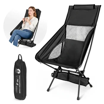 Mountain Goat Folding Camping Chair with Headrest, Black
