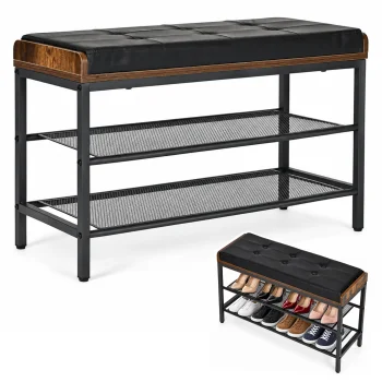 Shoe Bench with Quilted Faux Leather Seat and 2 Shelves ModernHome 80x30x50 cm