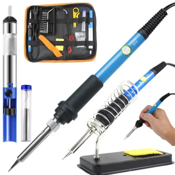 Soldering Iron Kit 60W, 200–450°C with Desoldering Pump and 6 Tips, Blue