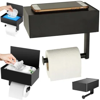 Toilet Paper Holder with Phone Shelf and Wet Wipe Box, Matte Black